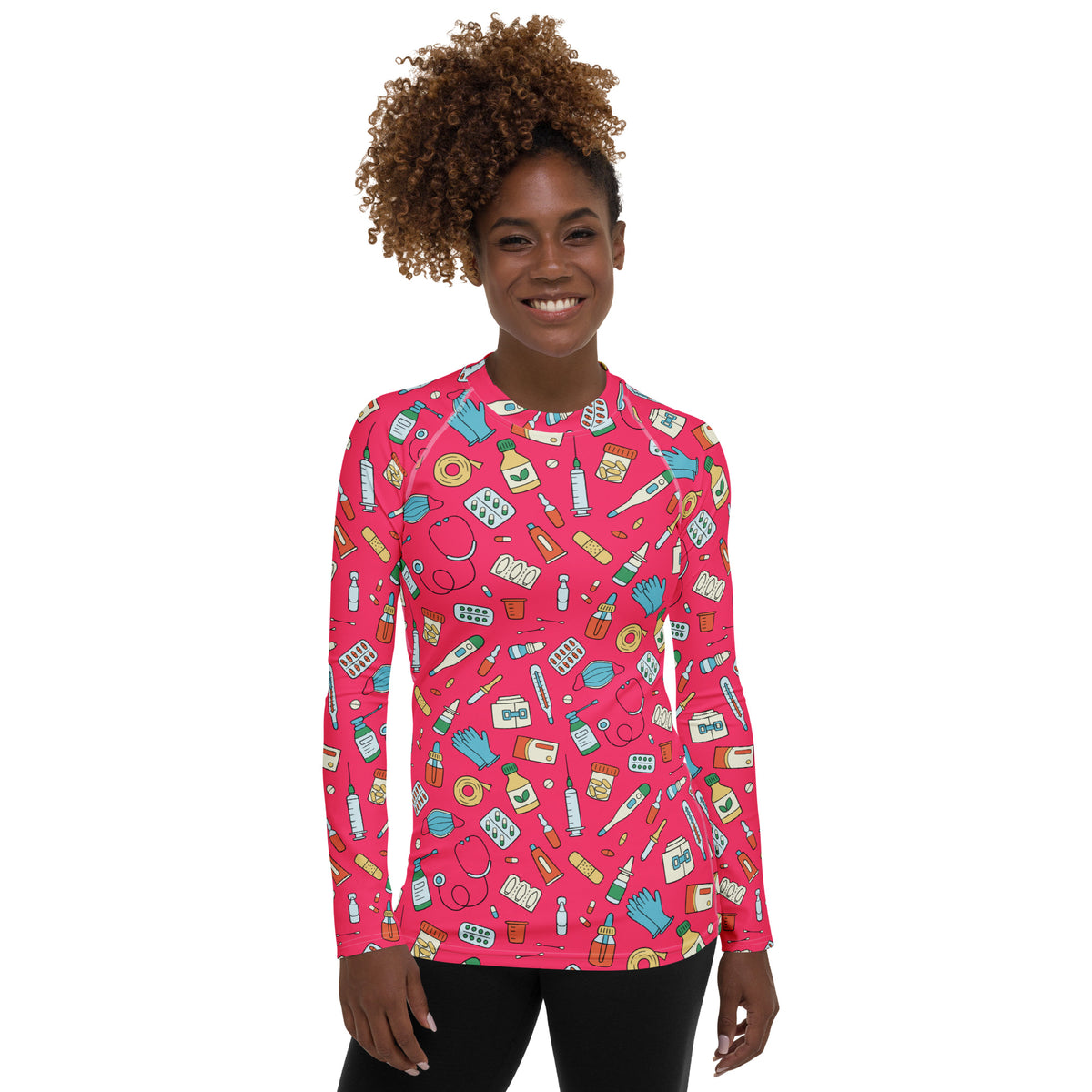 Women's Pink Nurse Themed Long Sleeve Rash Guard Swim Shirt – Buttery Soft, Sun Safe UPF 50+ Protection, Quick Dry & 4-Way Stretch Comfort