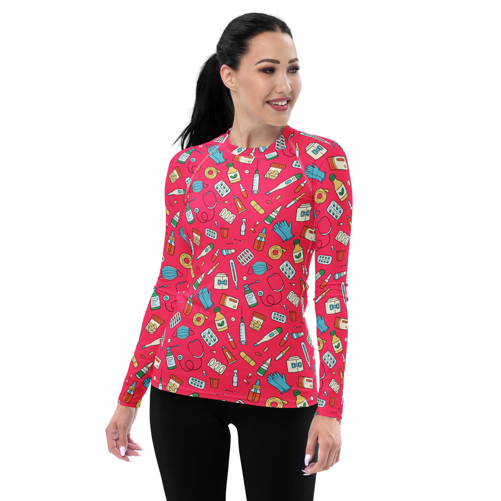 Women's Pink Nurse Themed Long Sleeve Rash Guard Swim Shirt – Buttery Soft, Sun Safe UPF 50+ Protection, Quick Dry & 4-Way Stretch Comfort