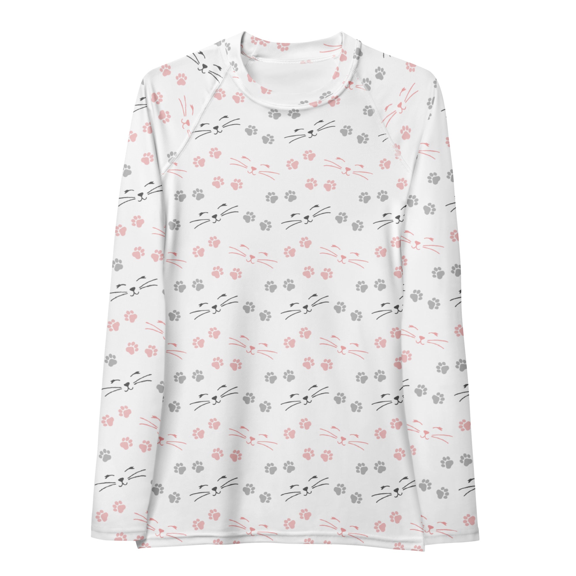 Women's Cat Face and Paw Print Long Sleeve Rash Guard Swim Shirt – Buttery Soft, Sun Safe UPF 50+ Protection, Quick Dry & 4-Way Stretch Comfort