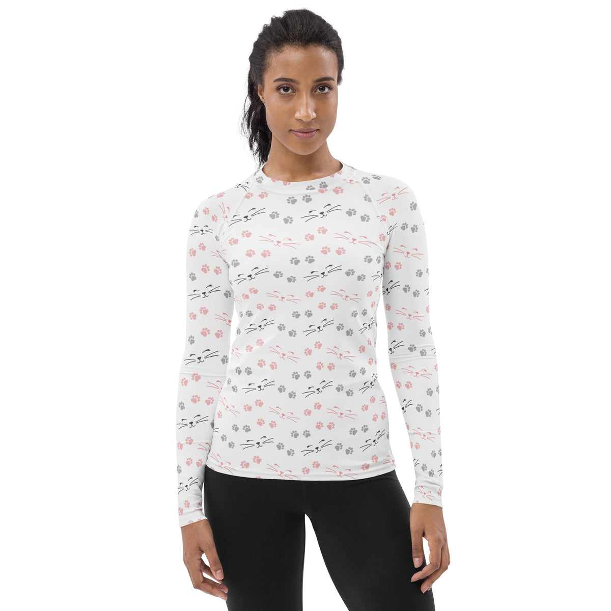 Women's Cat Face and Paw Print Long Sleeve Rash Guard Swim Shirt – Buttery Soft, Sun Safe UPF 50+ Protection, Quick Dry & 4-Way Stretch Comfort