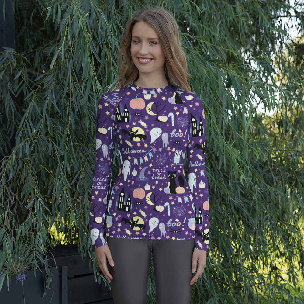 Women's Spooky Halloween Long Sleeve Rash Guard Swim Shirt – Buttery Soft, Sun Safe UPF 50+ Protection, Quick Dry & 4-Way Stretch Comfort