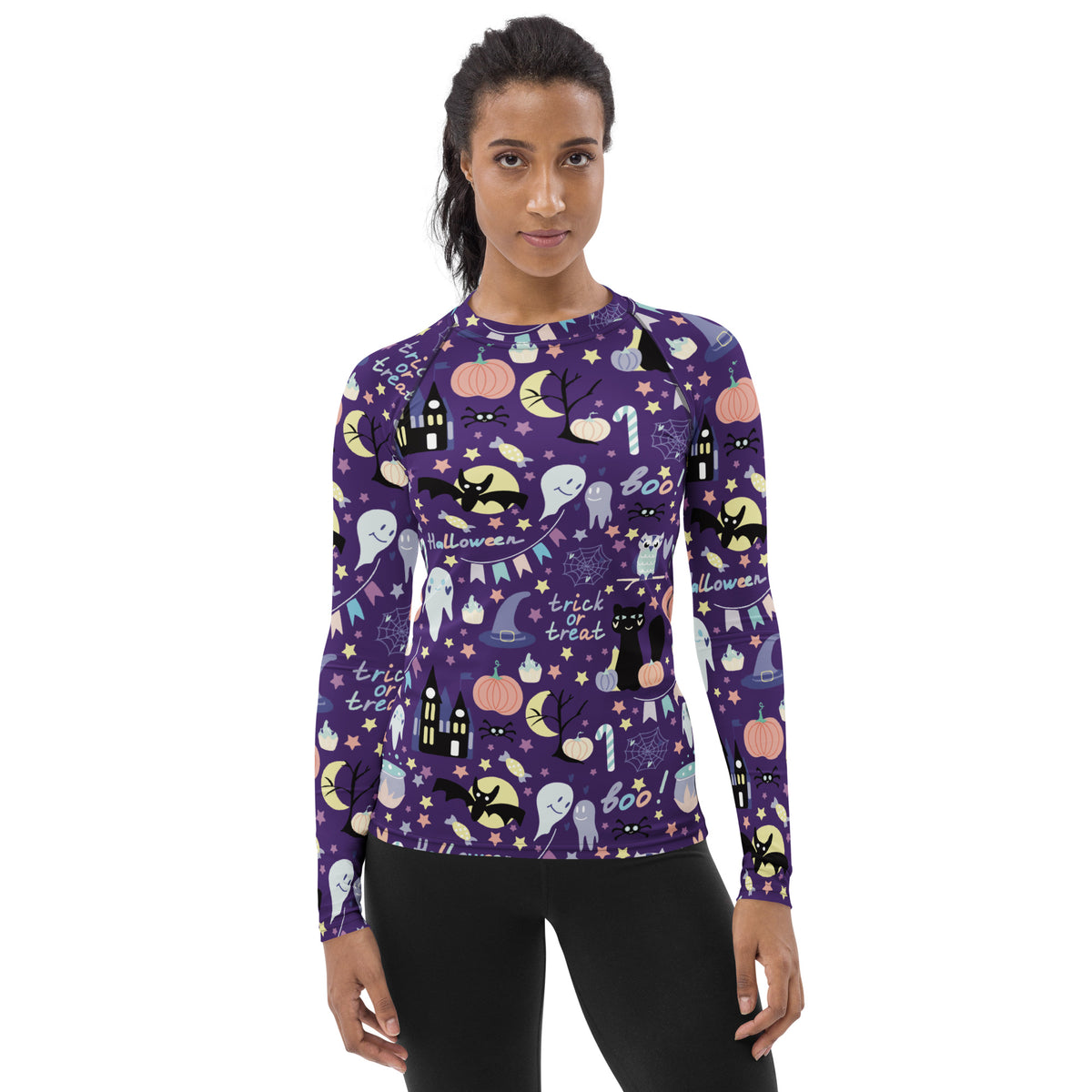 Women's Spooky Halloween Long Sleeve Rash Guard Swim Shirt – Buttery Soft, Sun Safe UPF 50+ Protection, Quick Dry & 4-Way Stretch Comfort