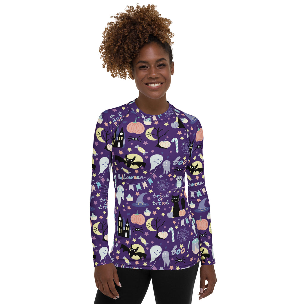 Women's Spooky Halloween Long Sleeve Rash Guard Swim Shirt – Buttery Soft, Sun Safe UPF 50+ Protection, Quick Dry & 4-Way Stretch Comfort