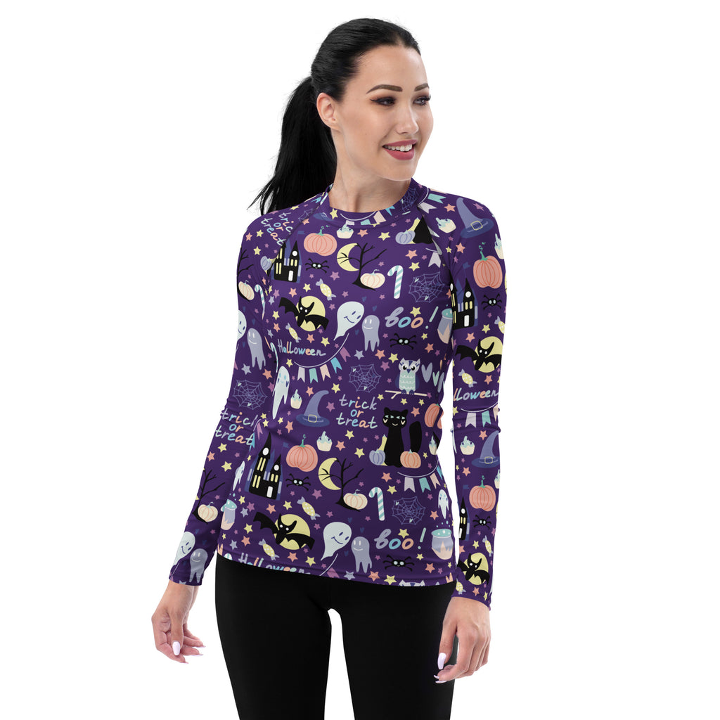 Women's Spooky Halloween Long Sleeve Rash Guard Swim Shirt – Buttery Soft, Sun Safe UPF 50+ Protection, Quick Dry & 4-Way Stretch Comfort