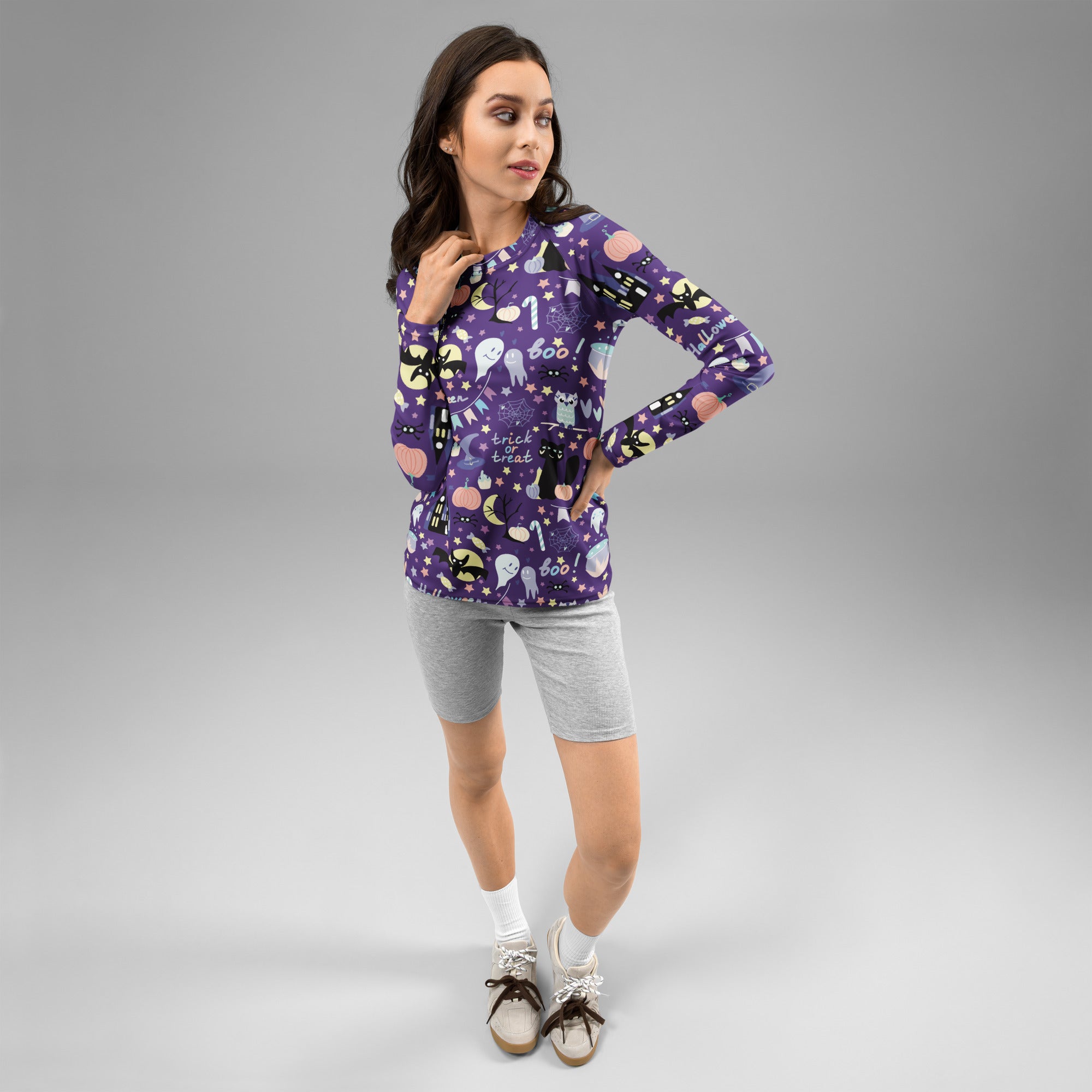 Women's Spooky Halloween Long Sleeve Rash Guard Swim Shirt – Buttery Soft, Sun Safe UPF 50+ Protection, Quick Dry & 4-Way Stretch Comfort