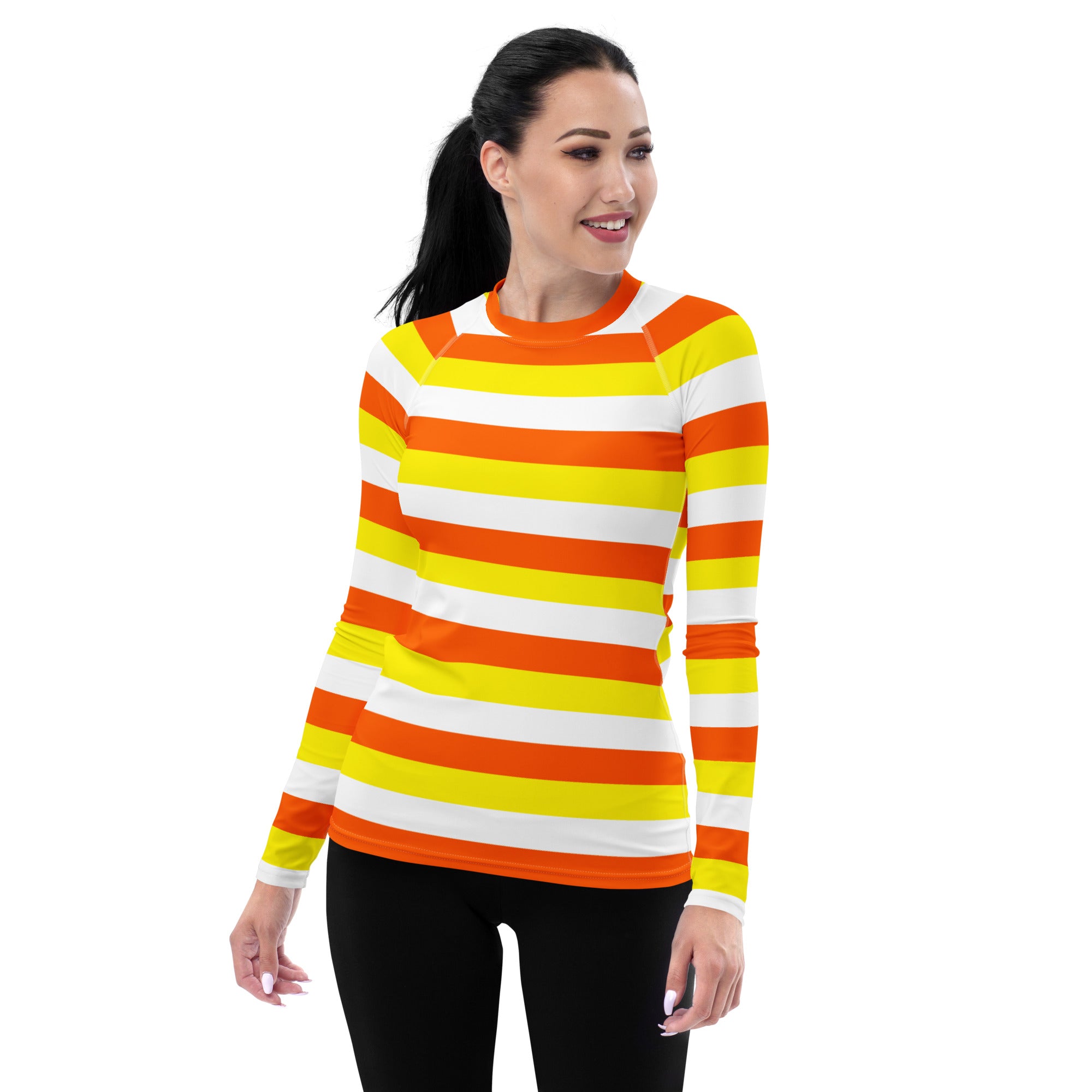 Women's Candy Corn Stripe Long Sleeve Rash Guard Swim Shirt – Buttery Soft, Sun Safe UPF 50+ Protection, Quick Dry & 4-Way Stretch Comfort