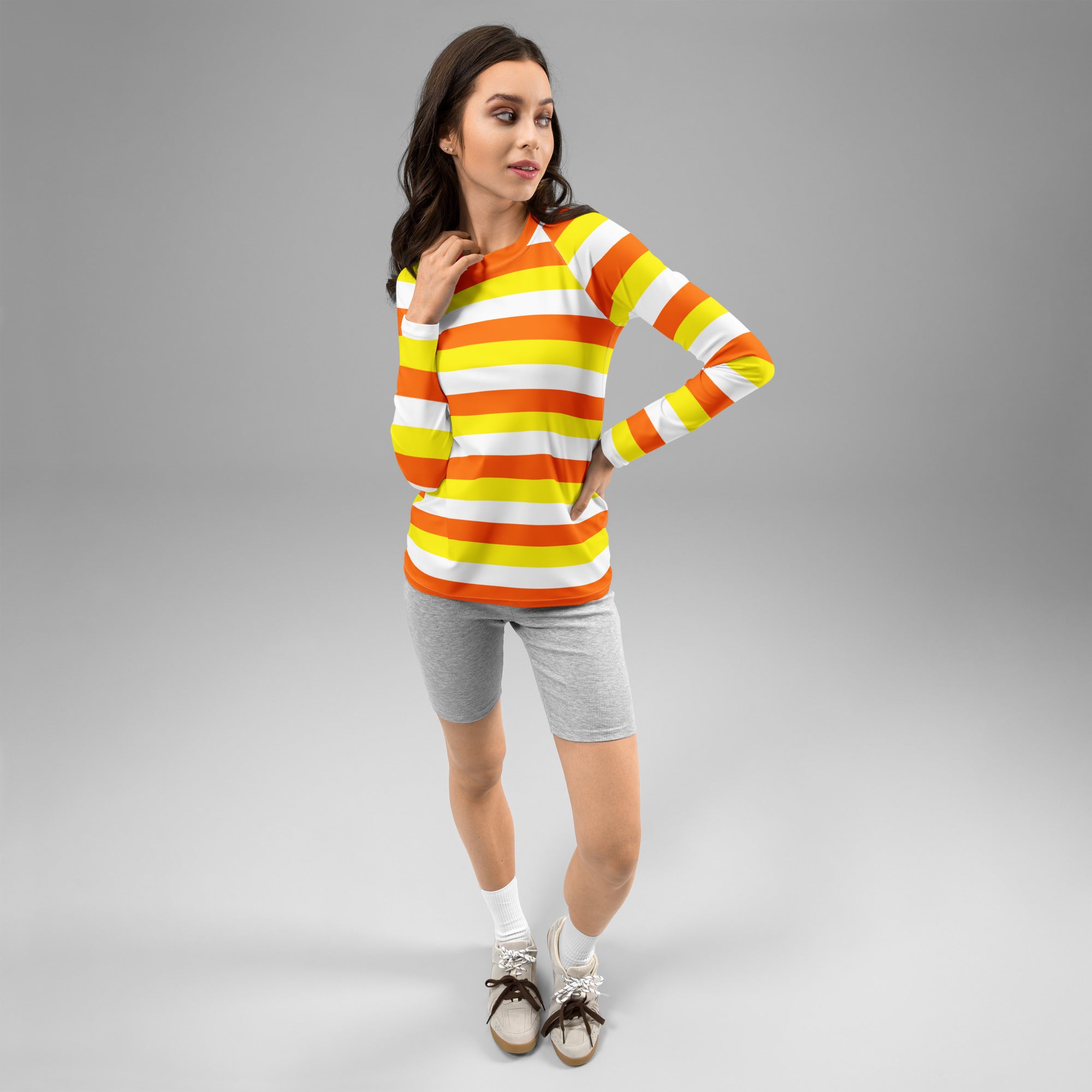 Women's Candy Corn Stripe Long Sleeve Rash Guard Swim Shirt – Buttery Soft, Sun Safe UPF 50+ Protection, Quick Dry & 4-Way Stretch Comfort