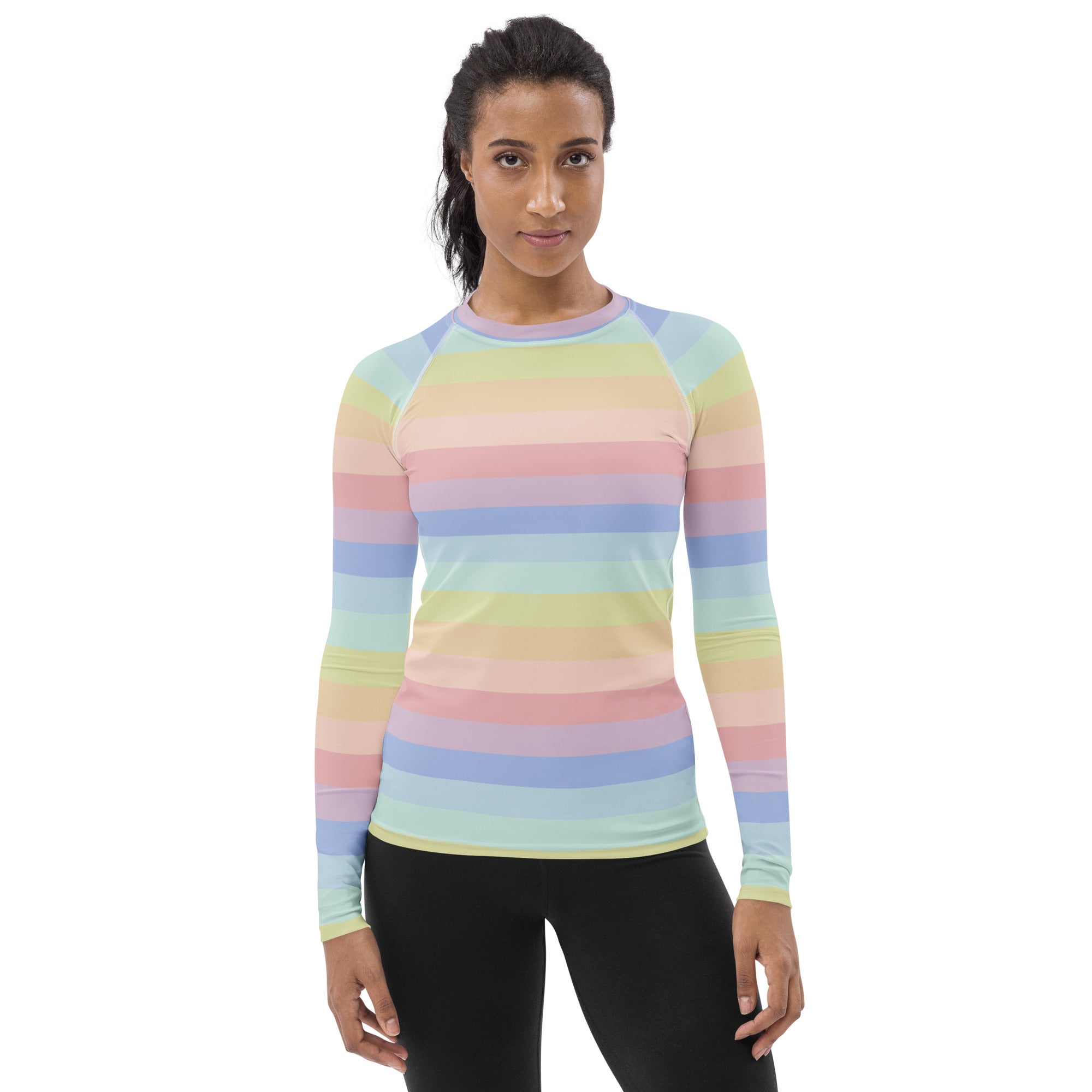 Women's Pastel Rainbow Stripe Long Sleeve Rash Guard Swim Shirt – Buttery Soft, Sun Safe UPF 50+ Protection, Quick Dry & 4-Way Stretch Comfort