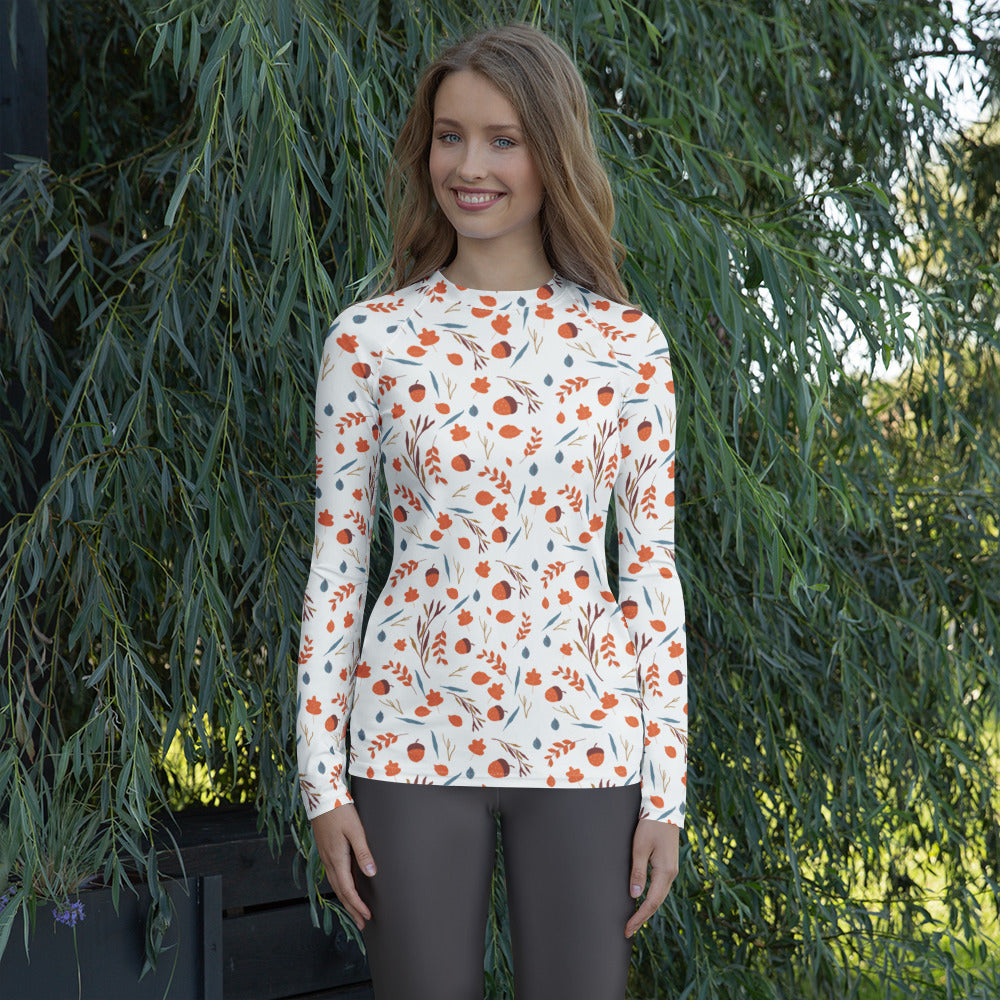 Women's Autumn Acorn and Leaves Long Sleeve Rash Guard Swim Shirt – Buttery Soft, Sun Safe UPF 50+ Protection, Quick Dry & 4-Way Stretch Comfort