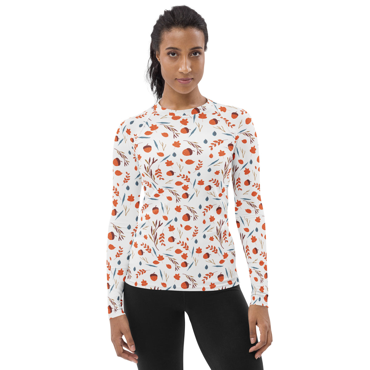 Women's Autumn Acorn and Leaves Long Sleeve Rash Guard Swim Shirt – Buttery Soft, Sun Safe UPF 50+ Protection, Quick Dry & 4-Way Stretch Comfort