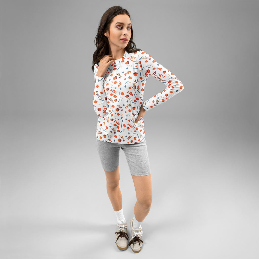 Women's Autumn Acorn and Leaves Long Sleeve Rash Guard Swim Shirt – Buttery Soft, Sun Safe UPF 50+ Protection, Quick Dry & 4-Way Stretch Comfort