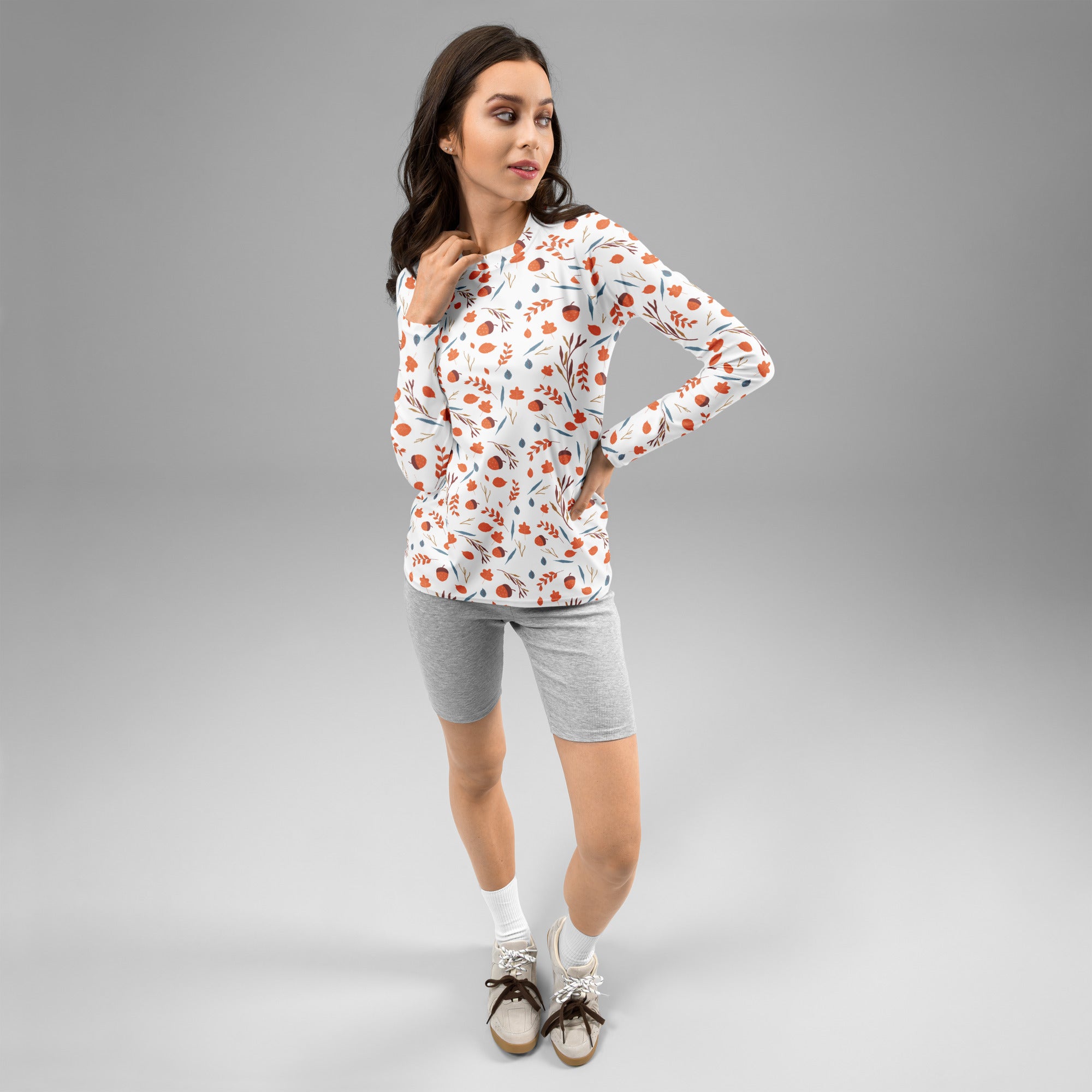 Women's Autumn Acorn and Leaves Long Sleeve Rash Guard Swim Shirt – Buttery Soft, Sun Safe UPF 50+ Protection, Quick Dry & 4-Way Stretch Comfort