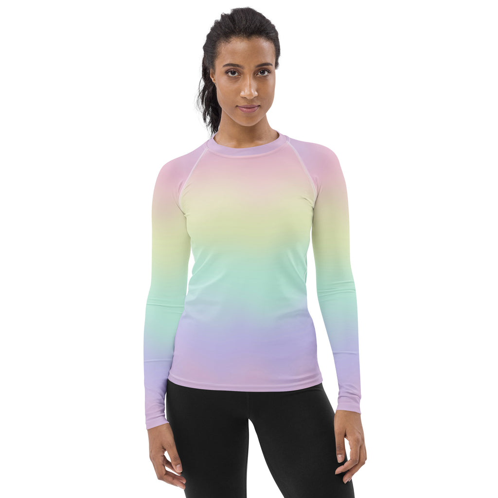 Women's Pastel Rainbow Long Sleeve Rash Guard Swim Shirt – Buttery Soft, Sun Safe UPF 50+ Protection, Quick Dry & 4-Way Stretch Comfort