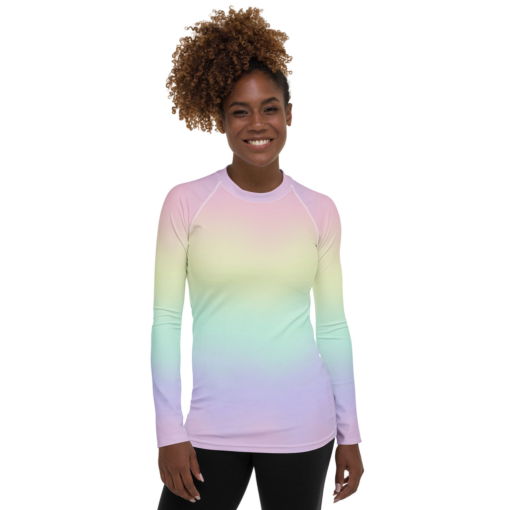 Women's Pastel Rainbow Long Sleeve Rash Guard Swim Shirt – Buttery Soft, Sun Safe UPF 50+ Protection, Quick Dry & 4-Way Stretch Comfort