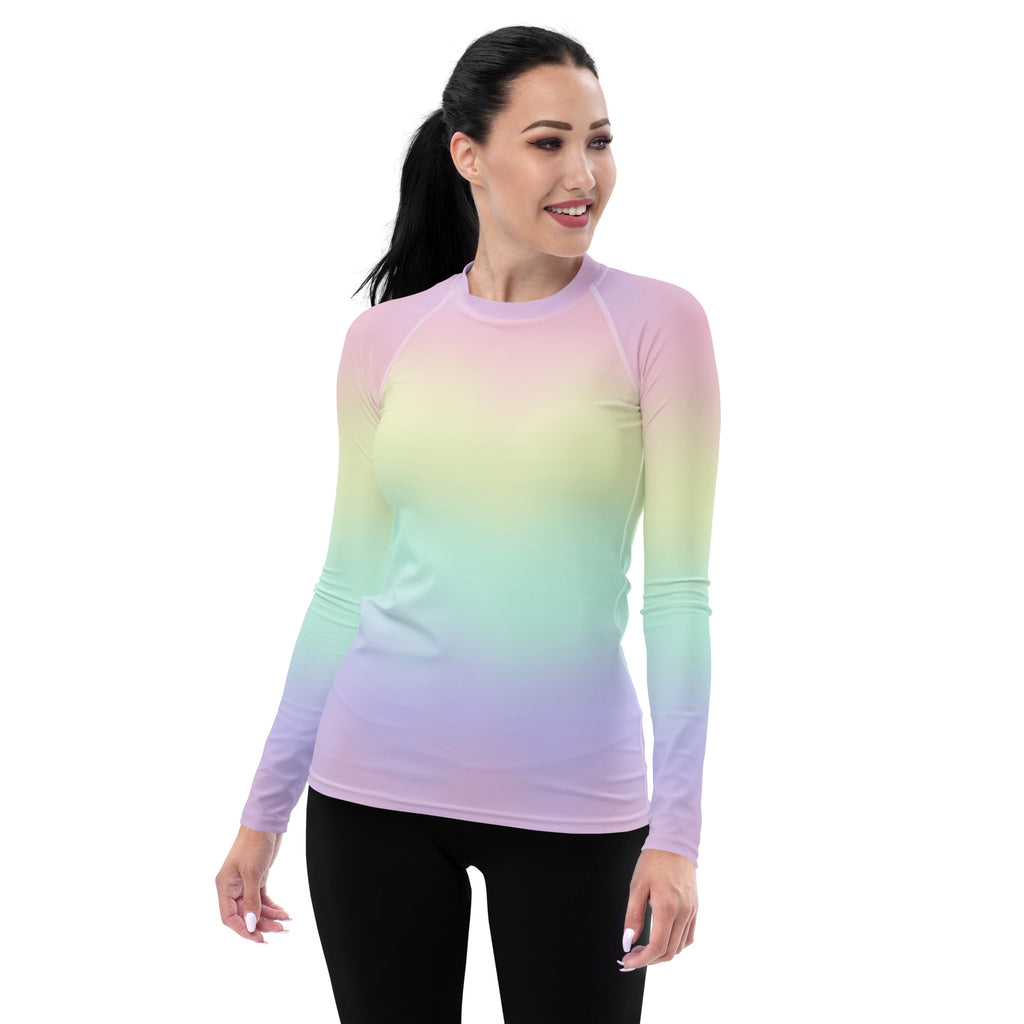 Women's Pastel Rainbow Long Sleeve Rash Guard Swim Shirt – Buttery Soft, Sun Safe UPF 50+ Protection, Quick Dry & 4-Way Stretch Comfort