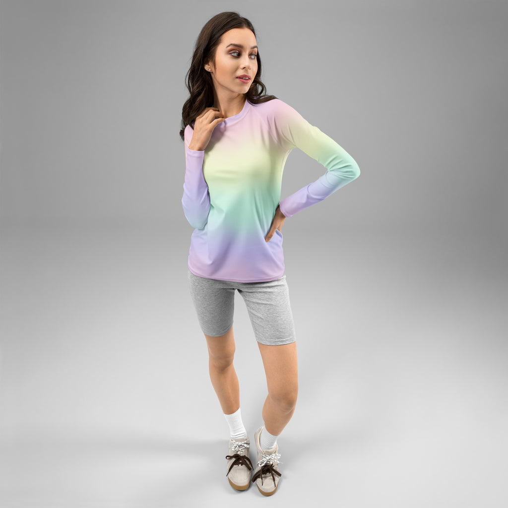 Women's Pastel Rainbow Long Sleeve Rash Guard Swim Shirt – Buttery Soft, Sun Safe UPF 50+ Protection, Quick Dry & 4-Way Stretch Comfort