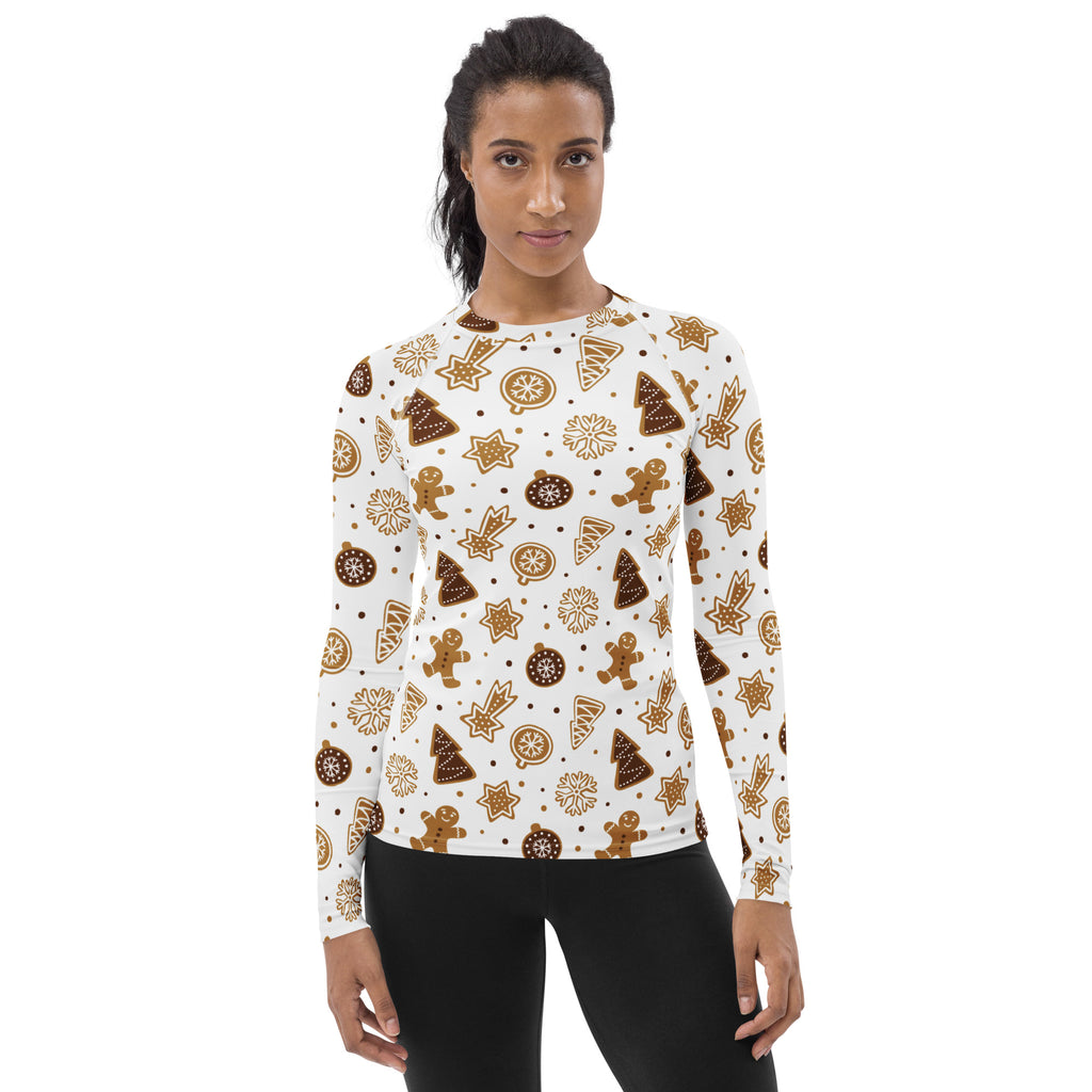 Women's Gingerbread Cookies Christmas Long Sleeve Rash Guard Swim Shirt – Buttery Soft, Sun Safe UPF 50+ Protection, Quick Dry & 4-Way Stretch Comfort