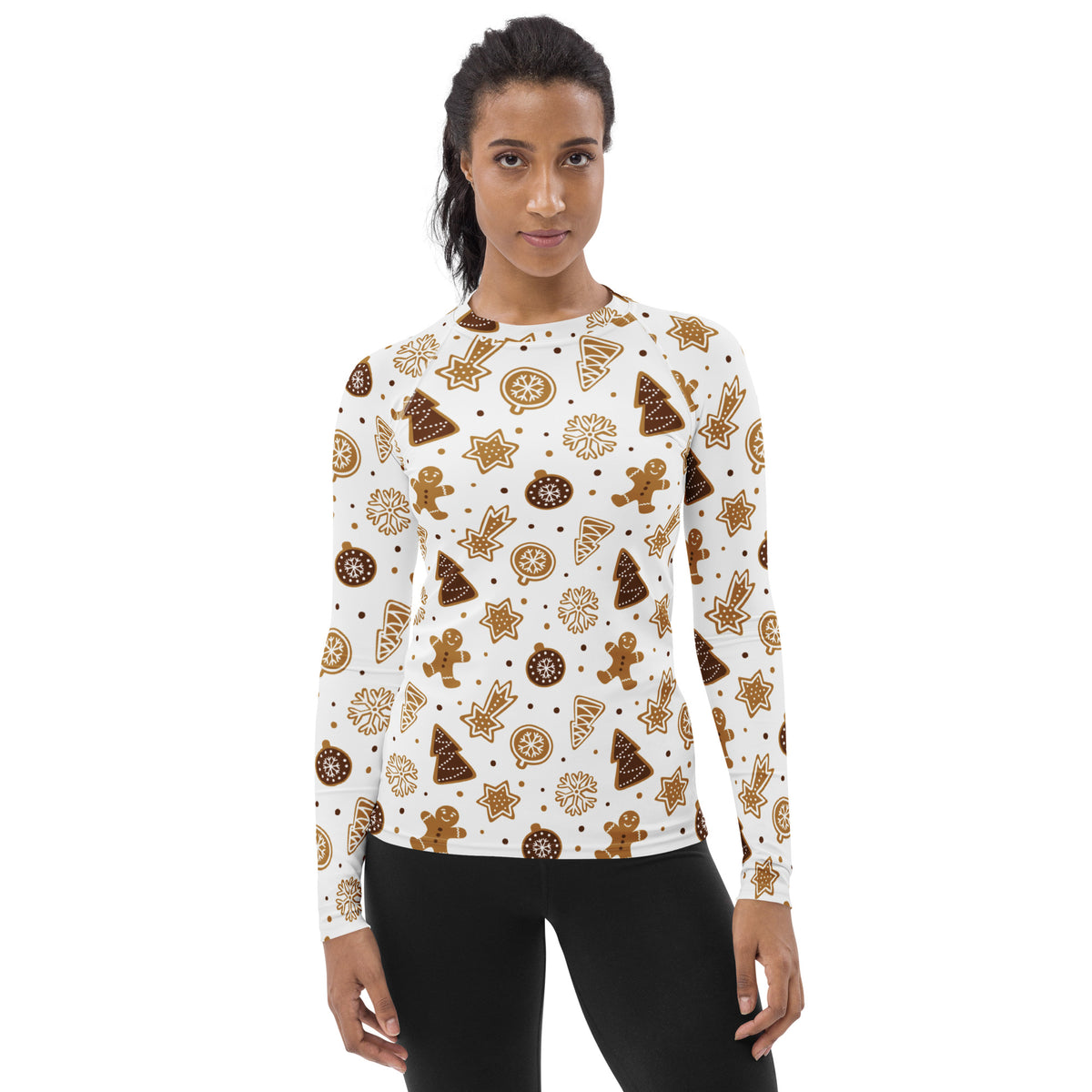 Women's Gingerbread Cookies Christmas Long Sleeve Rash Guard Swim Shirt – Buttery Soft, Sun Safe UPF 50+ Protection, Quick Dry & 4-Way Stretch Comfort