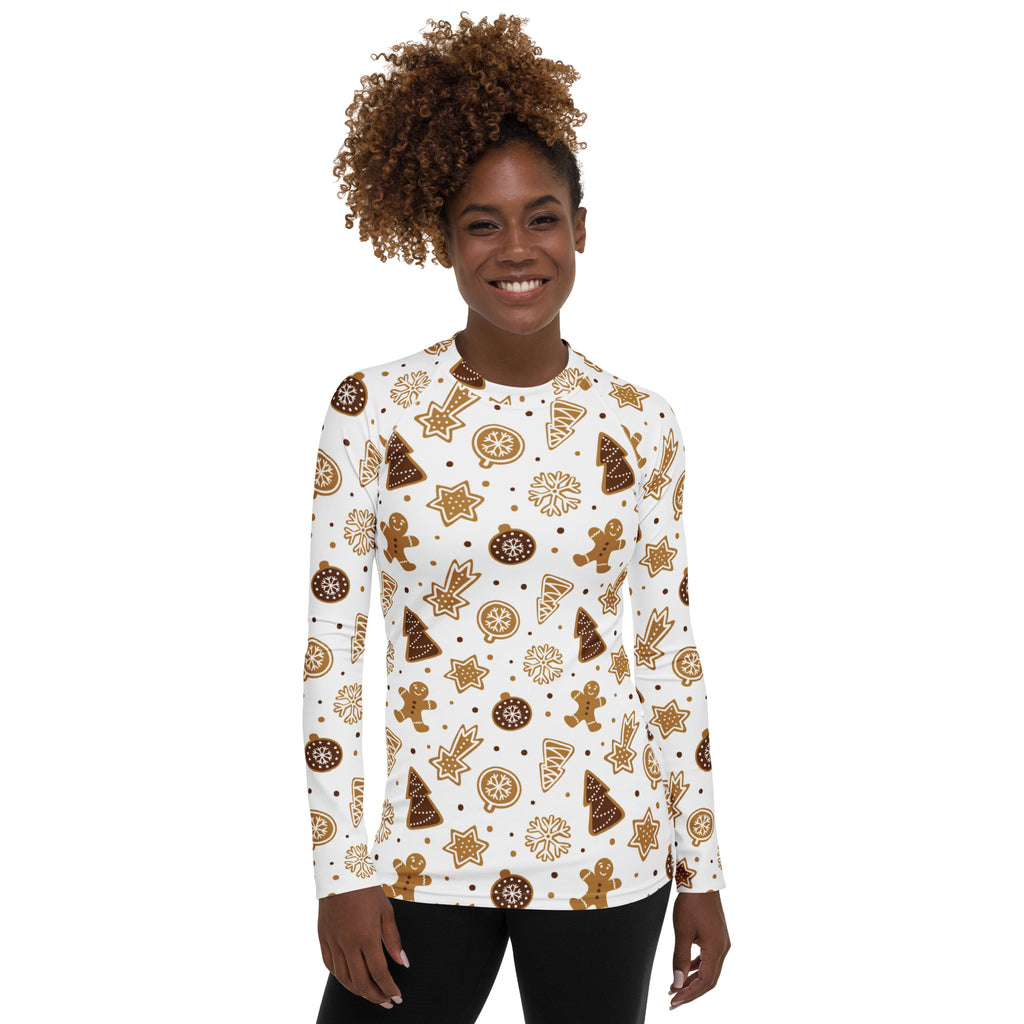 Women's Gingerbread Cookies Christmas Long Sleeve Rash Guard Swim Shirt – Buttery Soft, Sun Safe UPF 50+ Protection, Quick Dry & 4-Way Stretch Comfort