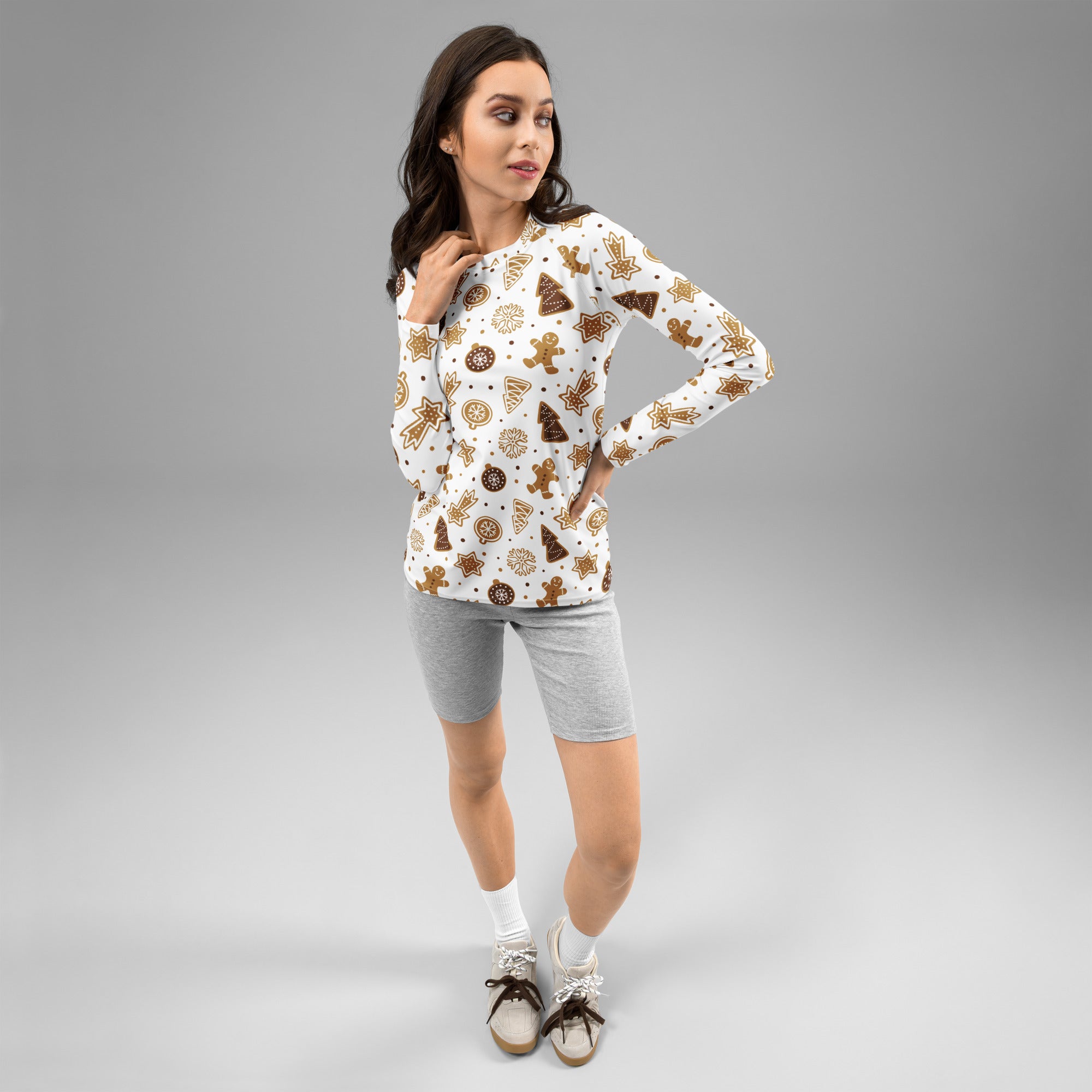 Women's Gingerbread Cookies Christmas Long Sleeve Rash Guard Swim Shirt – Buttery Soft, Sun Safe UPF 50+ Protection, Quick Dry & 4-Way Stretch Comfort
