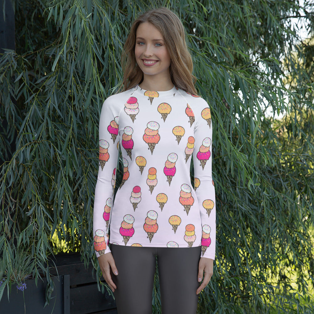 Women's Ice Cream Cone Long Sleeve Rash Guard Swim Shirt – Buttery Soft, Sun Safe UPF 50+ Protection, Quick Dry & 4-Way Stretch Comfort