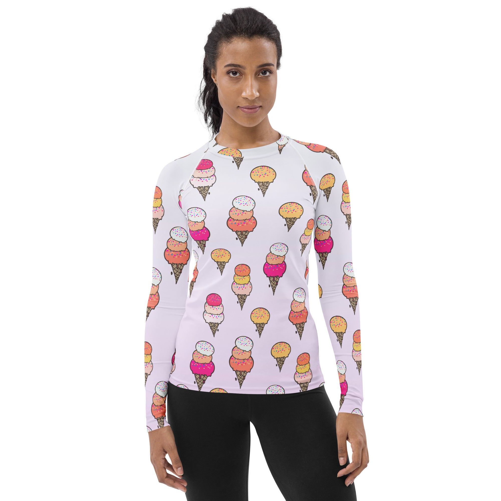 Women's Ice Cream Cone Long Sleeve Rash Guard Swim Shirt – Buttery Soft, Sun Safe UPF 50+ Protection, Quick Dry & 4-Way Stretch Comfort