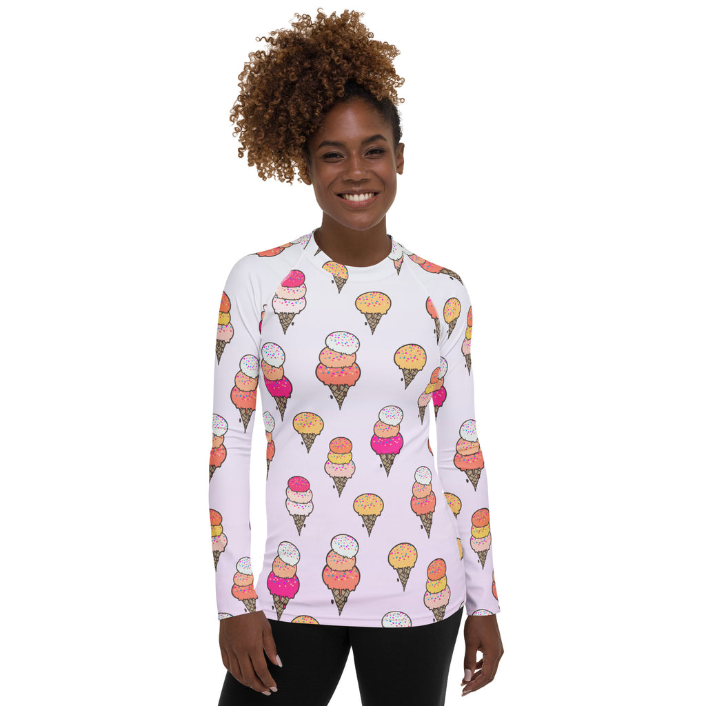 Women's Ice Cream Cone Long Sleeve Rash Guard Swim Shirt – Buttery Soft, Sun Safe UPF 50+ Protection, Quick Dry & 4-Way Stretch Comfort