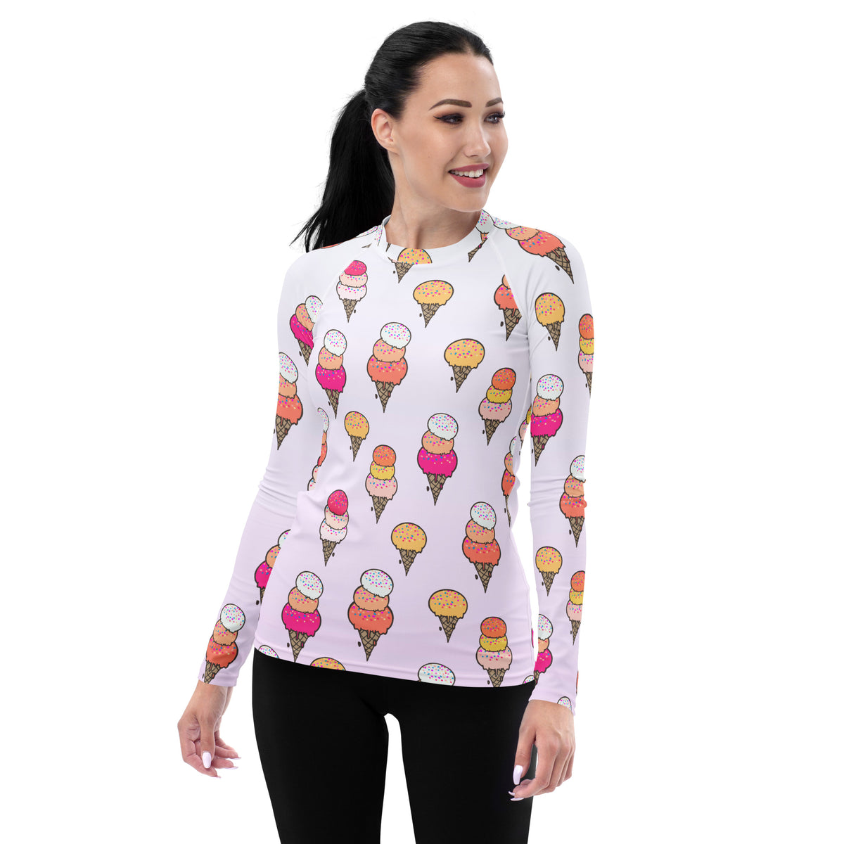 Women's Ice Cream Cone Long Sleeve Rash Guard Swim Shirt – Buttery Soft, Sun Safe UPF 50+ Protection, Quick Dry & 4-Way Stretch Comfort