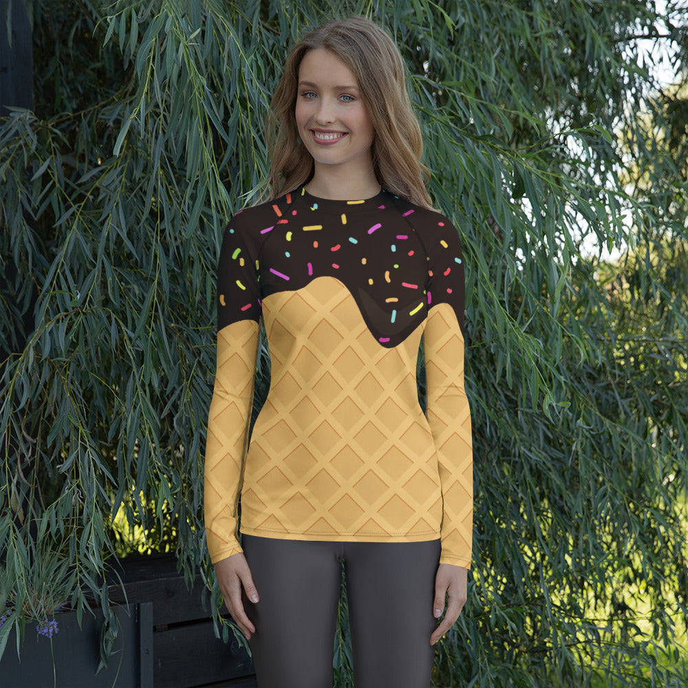 Women's Chocolate Ice Cream Cone Long Sleeve Rash Guard Swim Shirt – Buttery Soft, Sun Safe UPF 50+ Protection, Quick Dry & 4-Way Stretch Comfort