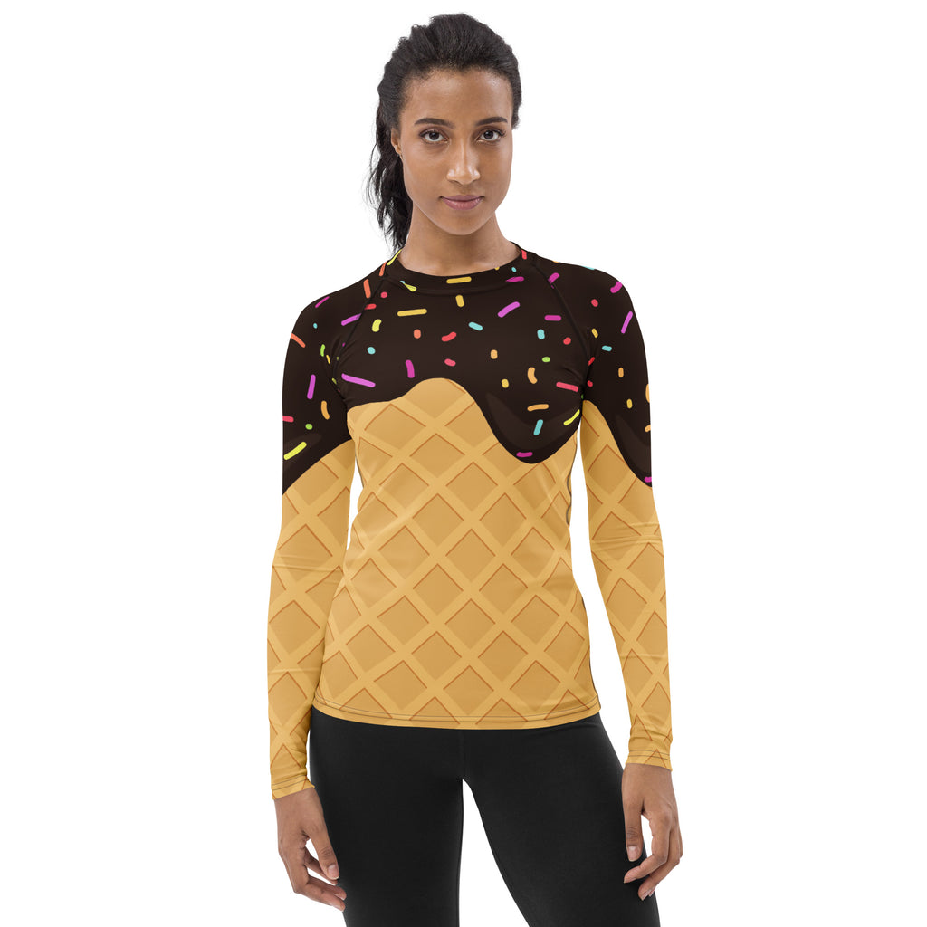 Women's Chocolate Ice Cream Cone Long Sleeve Rash Guard Swim Shirt – Buttery Soft, Sun Safe UPF 50+ Protection, Quick Dry & 4-Way Stretch Comfort