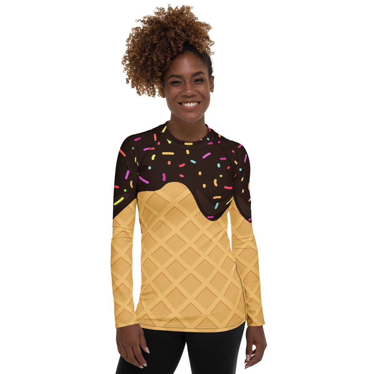 Women's Chocolate Ice Cream Cone Long Sleeve Rash Guard Swim Shirt – Buttery Soft, Sun Safe UPF 50+ Protection, Quick Dry & 4-Way Stretch Comfort