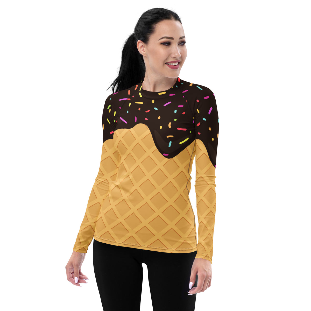 Women's Chocolate Ice Cream Cone Long Sleeve Rash Guard Swim Shirt – Buttery Soft, Sun Safe UPF 50+ Protection, Quick Dry & 4-Way Stretch Comfort