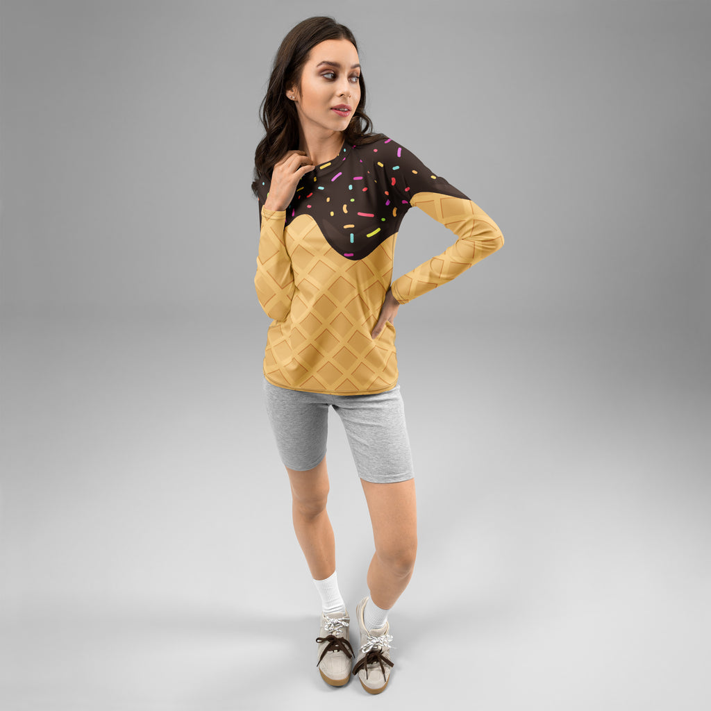 Women's Chocolate Ice Cream Cone Long Sleeve Rash Guard Swim Shirt – Buttery Soft, Sun Safe UPF 50+ Protection, Quick Dry & 4-Way Stretch Comfort