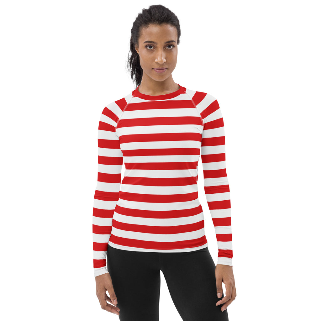 Women's Red & White Striped Long Sleeve Rash Guard Swim Shirt – Buttery Soft, Sun Safe UPF 50+ Protection, Quick Dry & 4-Way Stretch Comfort