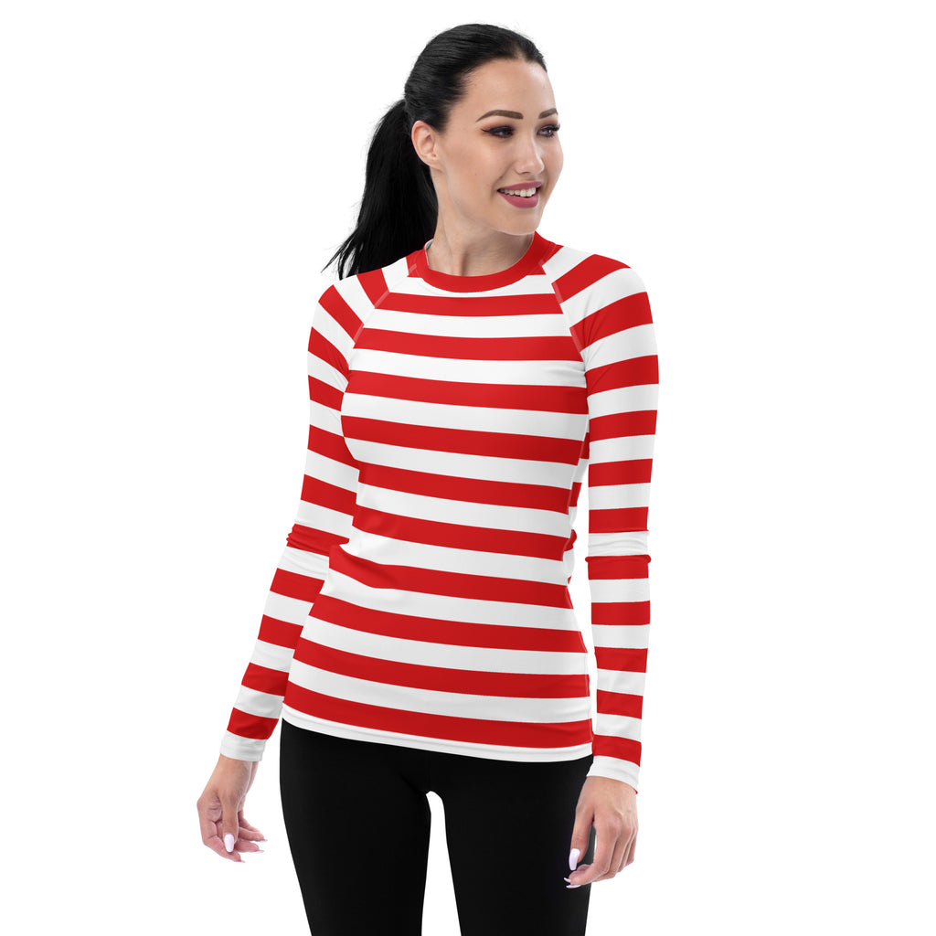 Women's Red & White Striped Long Sleeve Rash Guard Swim Shirt – Buttery Soft, Sun Safe UPF 50+ Protection, Quick Dry & 4-Way Stretch Comfort
