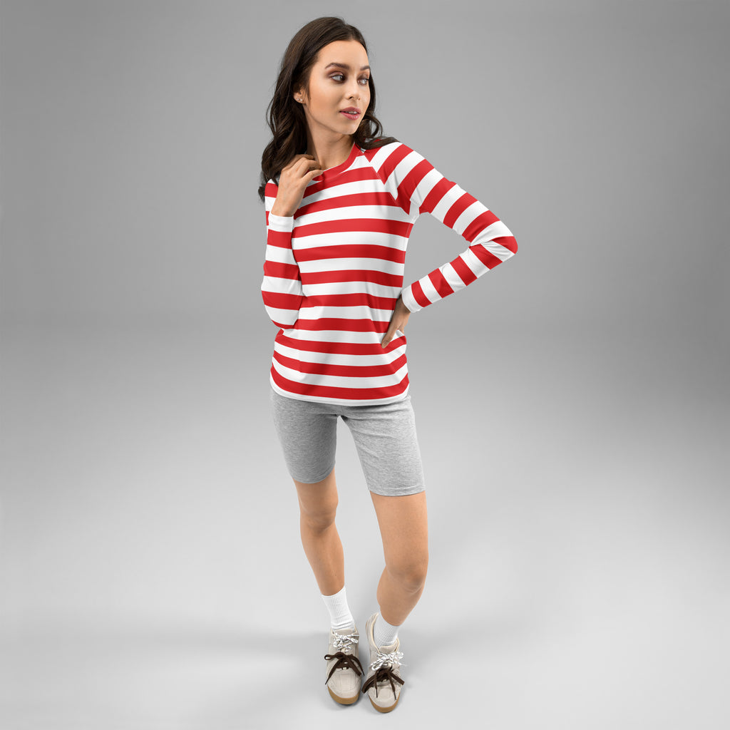 Women's Red & White Striped Long Sleeve Rash Guard Swim Shirt – Buttery Soft, Sun Safe UPF 50+ Protection, Quick Dry & 4-Way Stretch Comfort