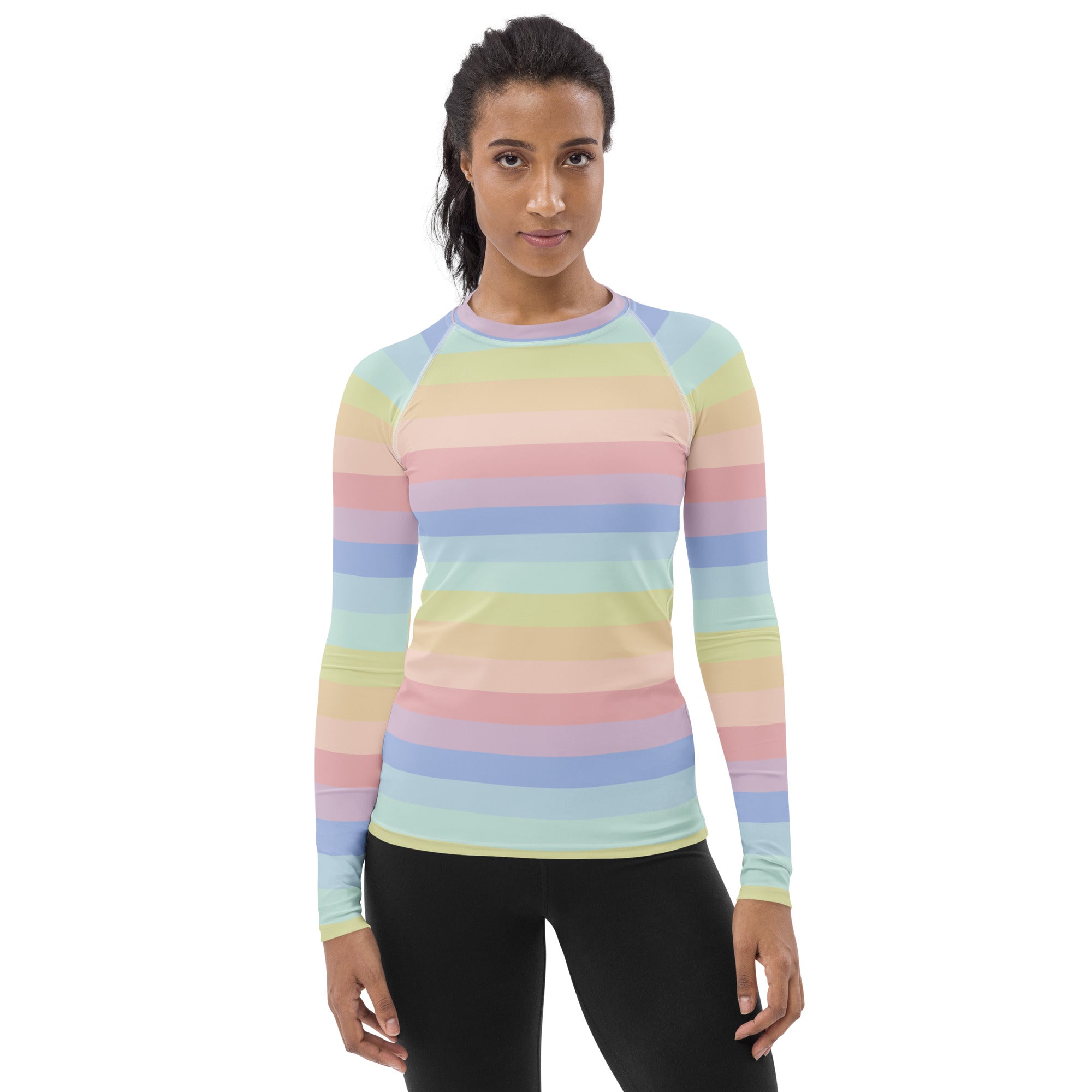 Women's Pastel Rainbow Stripe Long Sleeve Rash Guard Swim Shirt – Buttery Soft, Sun Safe UPF 50+ Protection, Quick Dry & 4-Way Stretch Comfort