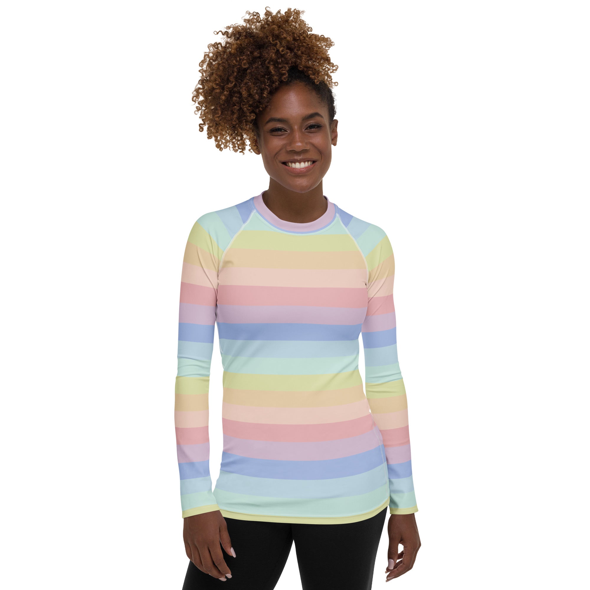 Women's Pastel Rainbow Stripe Long Sleeve Rash Guard Swim Shirt – Buttery Soft, Sun Safe UPF 50+ Protection, Quick Dry & 4-Way Stretch Comfort