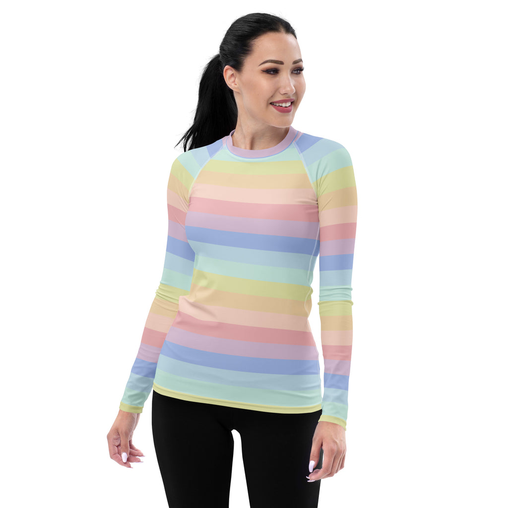 Women's Pastel Rainbow Stripe Long Sleeve Rash Guard Swim Shirt – Buttery Soft, Sun Safe UPF 50+ Protection, Quick Dry & 4-Way Stretch Comfort