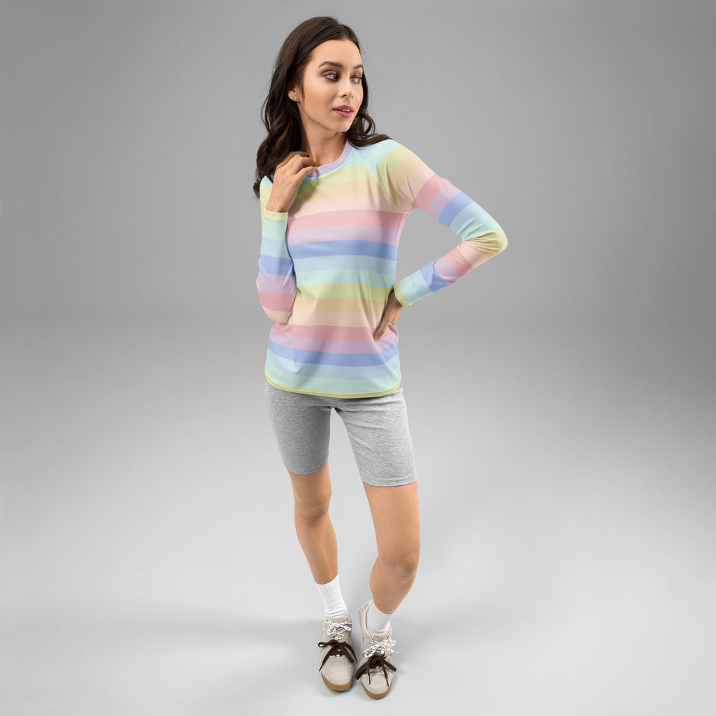 Women's Pastel Rainbow Stripe Long Sleeve Rash Guard Swim Shirt – Buttery Soft, Sun Safe UPF 50+ Protection, Quick Dry & 4-Way Stretch Comfort
