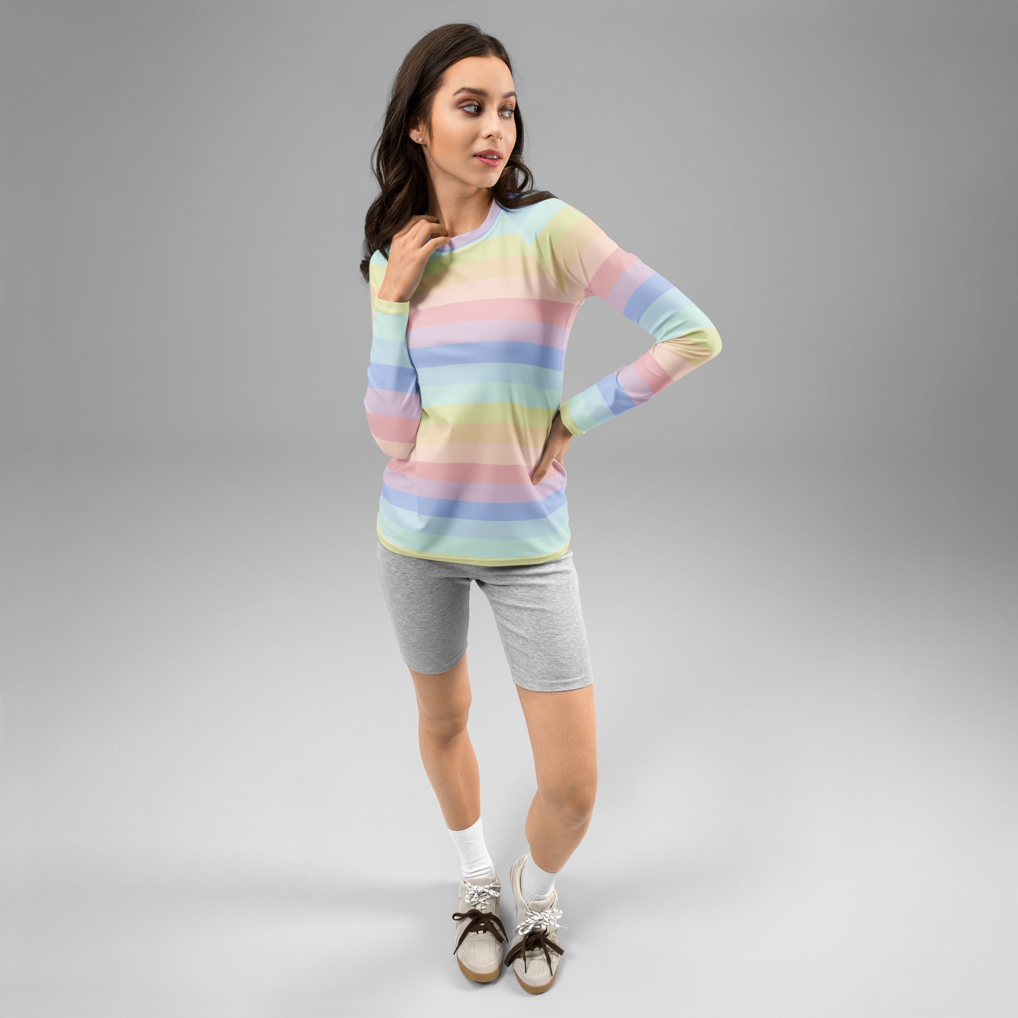 Women's Pastel Rainbow Stripe Long Sleeve Rash Guard Swim Shirt – Buttery Soft, Sun Safe UPF 50+ Protection, Quick Dry & 4-Way Stretch Comfort