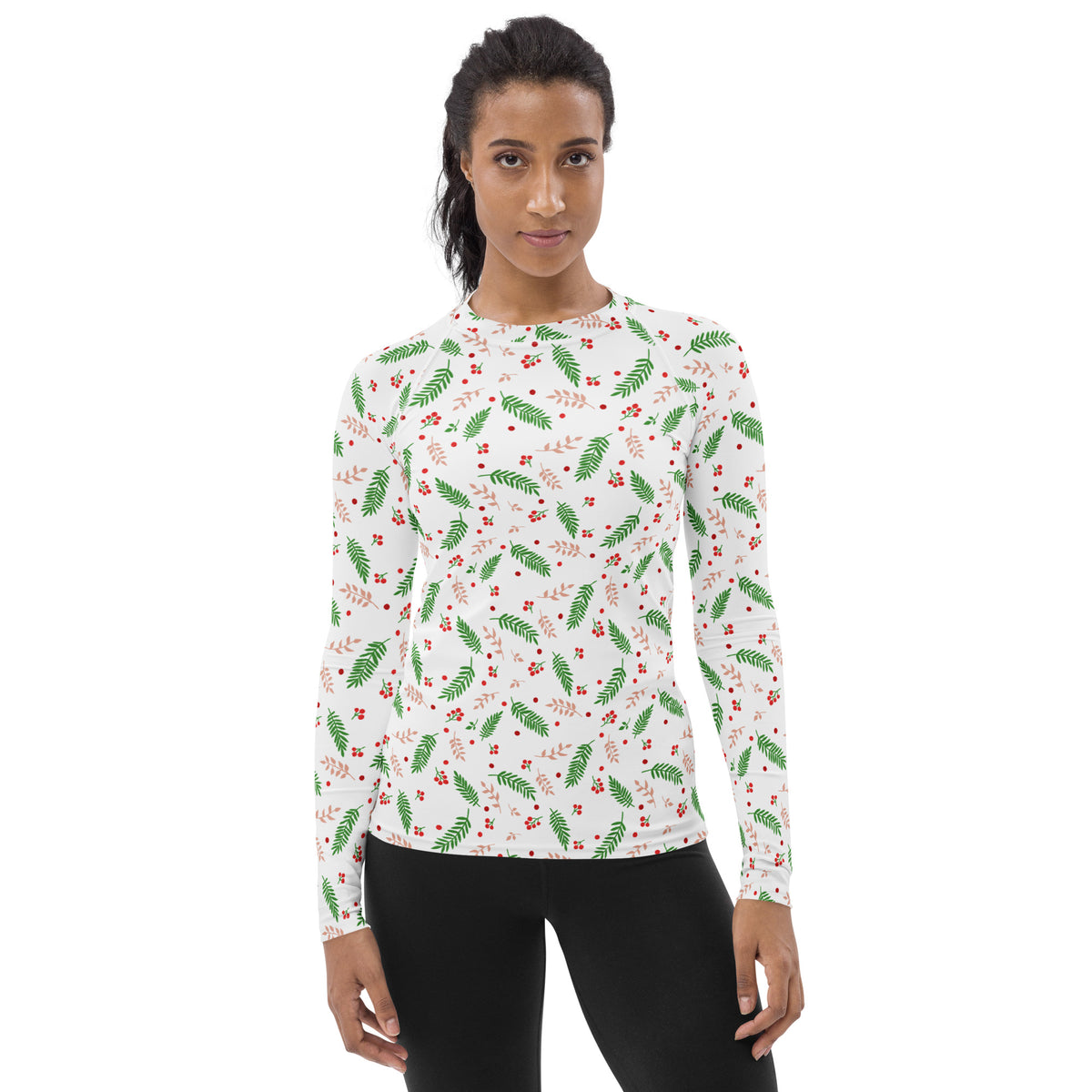 Women's Christmas Holly Berry Long Sleeve Rash Guard Swim Shirt – Buttery Soft, Sun Safe UPF 50+ Protection, Quick Dry & 4-Way Stretch Comfort