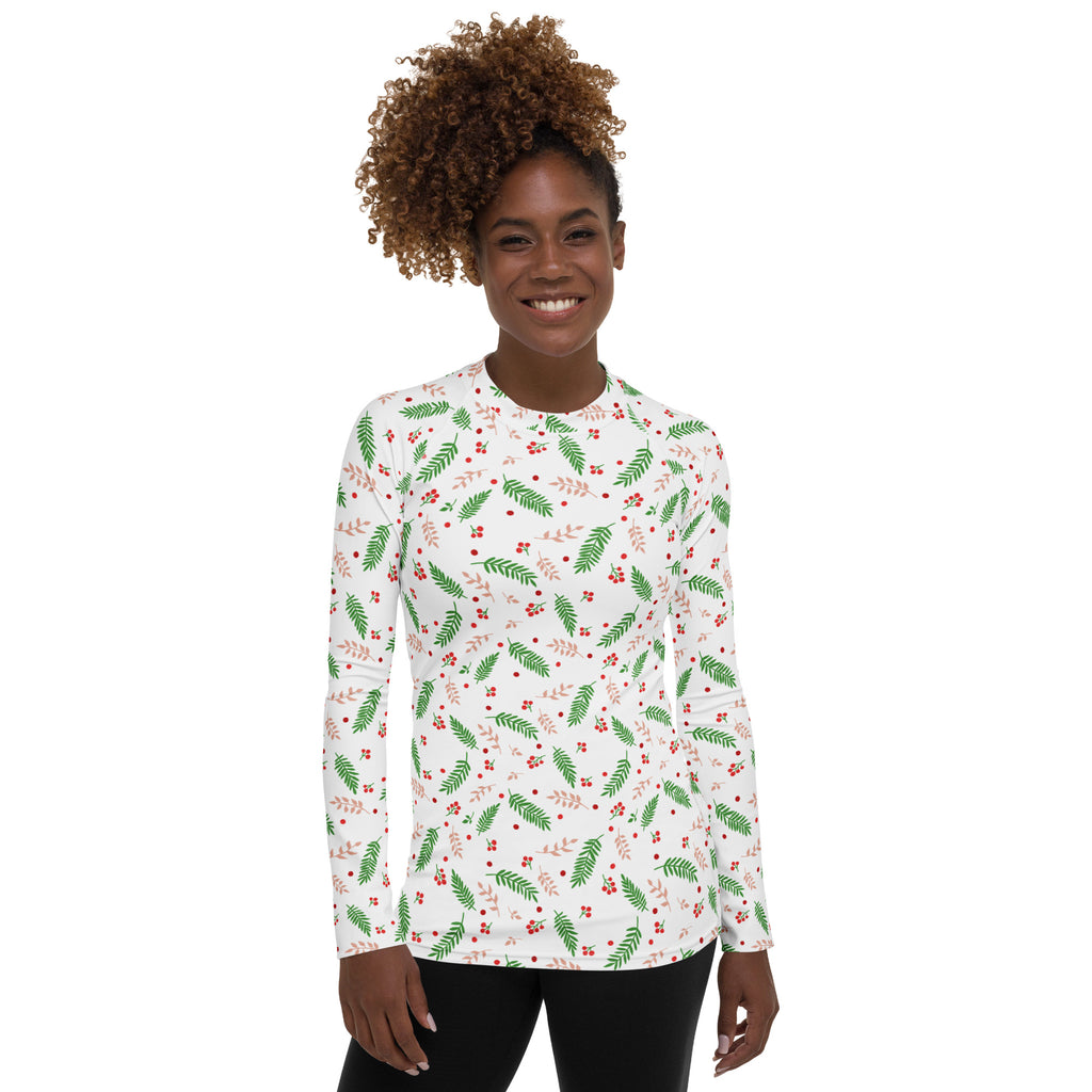 Women's Christmas Holly Berry Long Sleeve Rash Guard Swim Shirt – Buttery Soft, Sun Safe UPF 50+ Protection, Quick Dry & 4-Way Stretch Comfort