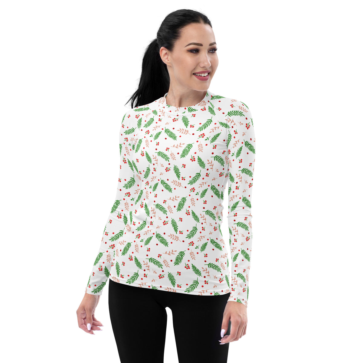 Women's Christmas Holly Berry Long Sleeve Rash Guard Swim Shirt – Buttery Soft, Sun Safe UPF 50+ Protection, Quick Dry & 4-Way Stretch Comfort