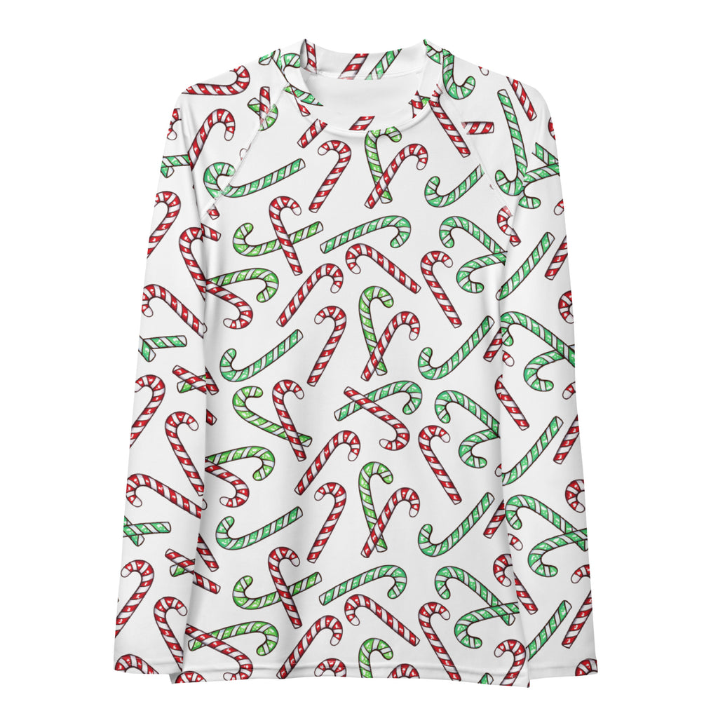 Women's Red & Green Candy Cane Long Sleeve Rash Guard Swim Shirt – Buttery Soft, Sun Safe UPF 50+ Protection, Quick Dry & 4-Way Stretch Comfort