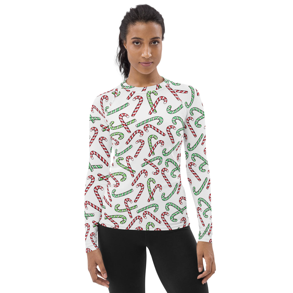 Women's Red & Green Candy Cane Long Sleeve Rash Guard Swim Shirt – Buttery Soft, Sun Safe UPF 50+ Protection, Quick Dry & 4-Way Stretch Comfort