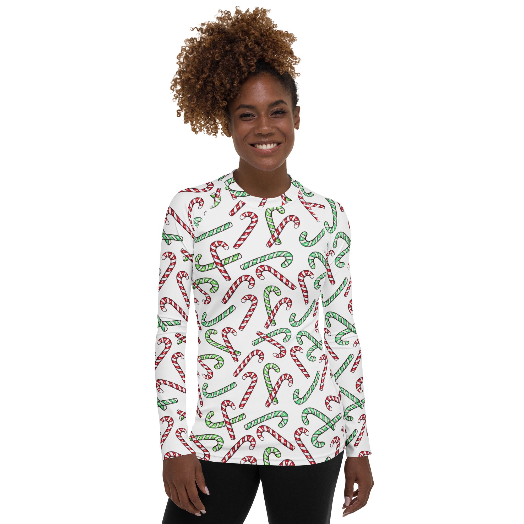 Women's Red & Green Candy Cane Long Sleeve Rash Guard Swim Shirt – Buttery Soft, Sun Safe UPF 50+ Protection, Quick Dry & 4-Way Stretch Comfort