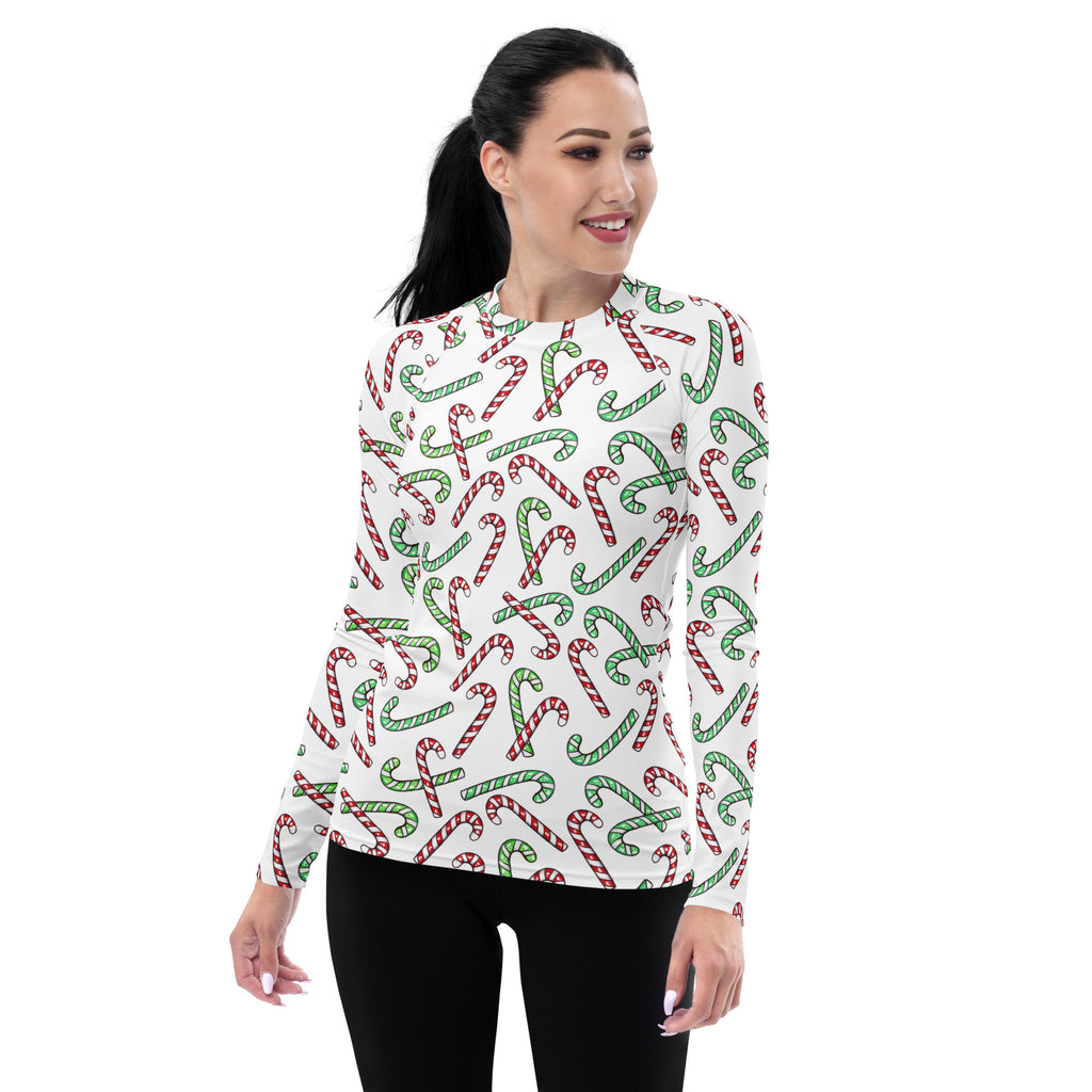Women's Red & Green Candy Cane Long Sleeve Rash Guard Swim Shirt – Buttery Soft, Sun Safe UPF 50+ Protection, Quick Dry & 4-Way Stretch Comfort