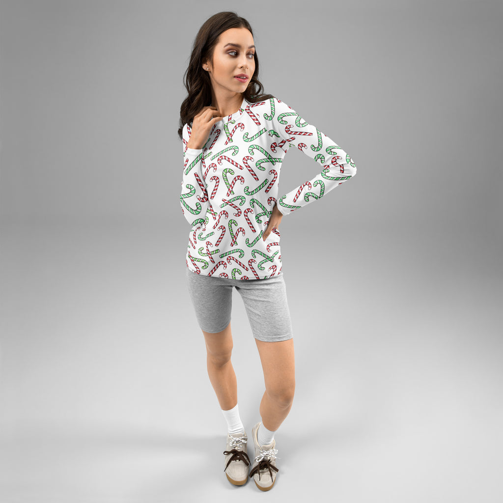 Women's Red & Green Candy Cane Long Sleeve Rash Guard Swim Shirt – Buttery Soft, Sun Safe UPF 50+ Protection, Quick Dry & 4-Way Stretch Comfort