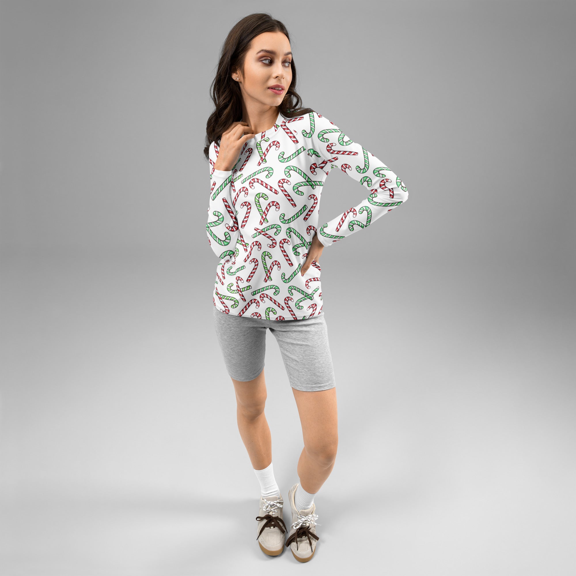 Women's Red & Green Candy Cane Long Sleeve Rash Guard Swim Shirt – Buttery Soft, Sun Safe UPF 50+ Protection, Quick Dry & 4-Way Stretch Comfort